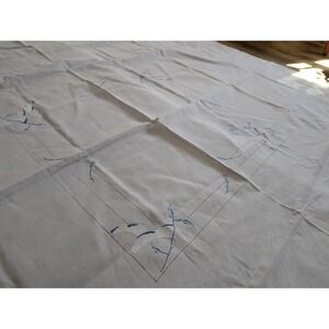 Vtg Blue Floral And "HH" Embroidery Rectangular Tablecloth‎ 76X80
